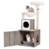 Heybly Cat Tree, Wood Litter Box Enclosure with Food Station, All-in-one Indoor Cat Furniture with Basket and Condo, Modern Style Cat Tower, Hammock, Rustic Gray HCT101SG Heybly