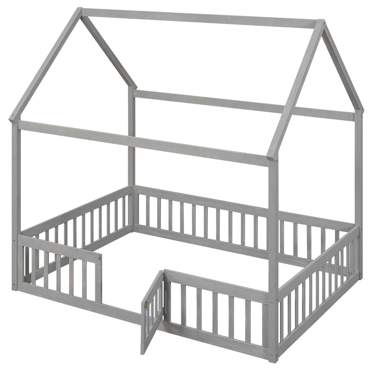 Harper & Bright Designs Grey Wash Full Montessori House Bed with Fence and Door for Kids Harper & Bright Designs
