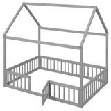 Harper & Bright Designs Grey Wash Full Montessori House Bed with Fence and Door for Kids Harper & Bright Designs