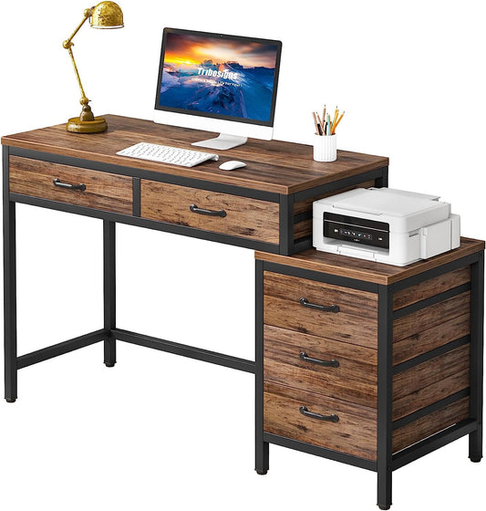 Tribesigns Computer Desk with 5 Drawers, Home Office Desks with Reversible Drawer Cabinet Printer Stand, Industrial PC Desk with Storage, Rustic Study Writing Table Workstation for Small Spac - WoodArtSupply