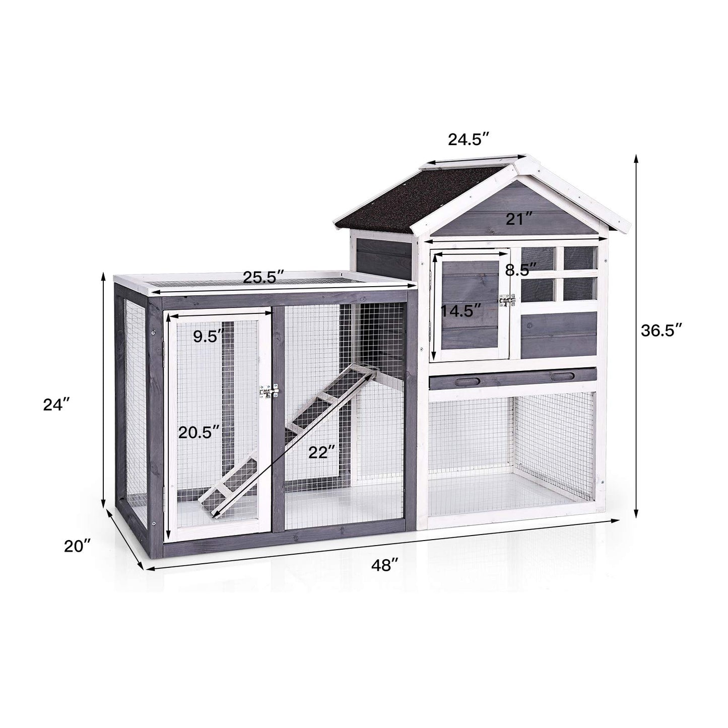 Tangkula Rabbit Hutch, Indoor Outdoor Bunny Cage with Run, Wooden Rabbit Cage with Waterproof Roof & Pull Out Tray, Chicken Coop Pet House for Rabbits, Chicken and Guinea Pigs (Gray)