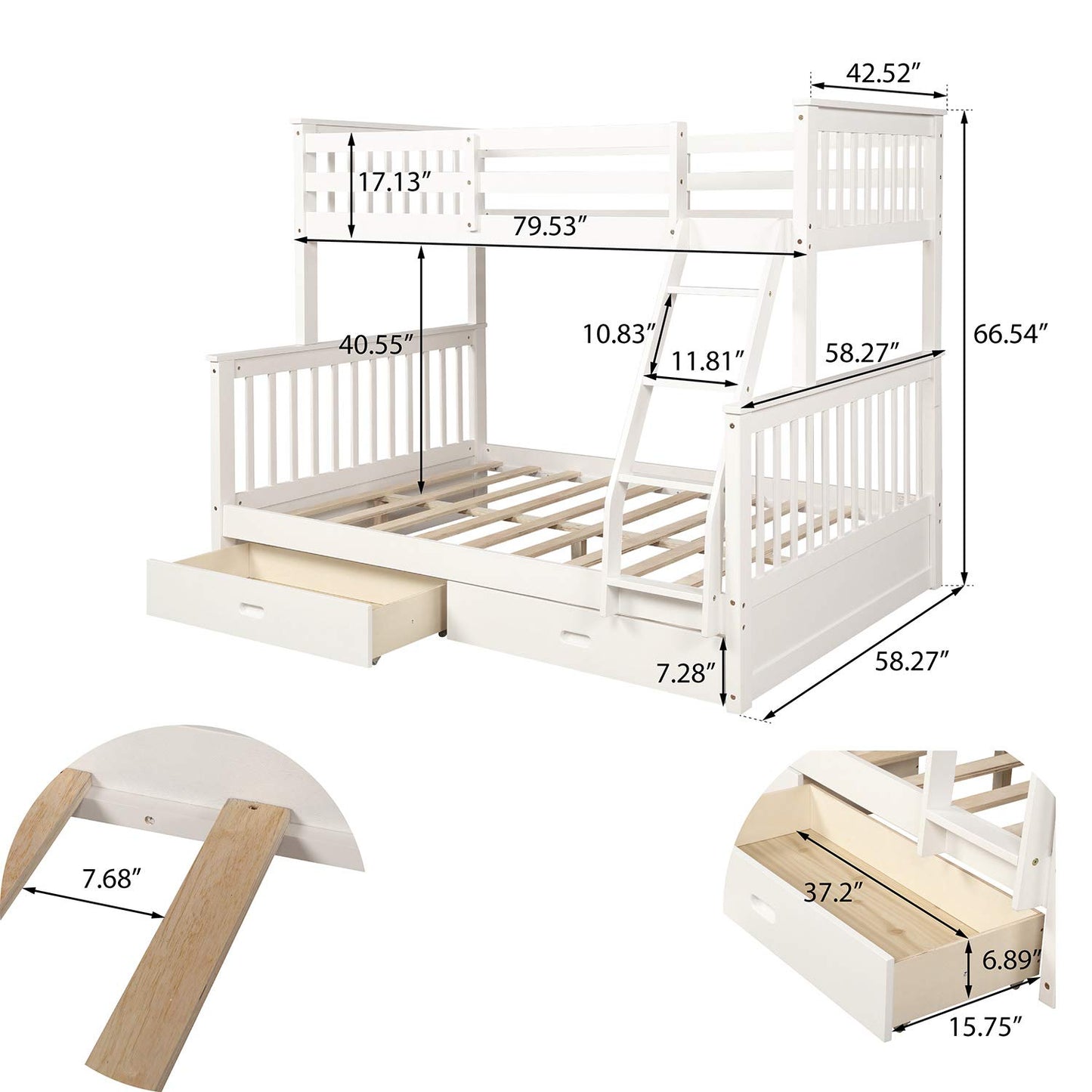 Harper & Bright Designs Twin Over Full Bunk Bed with Storage Drawers in White - WoodArtSupply