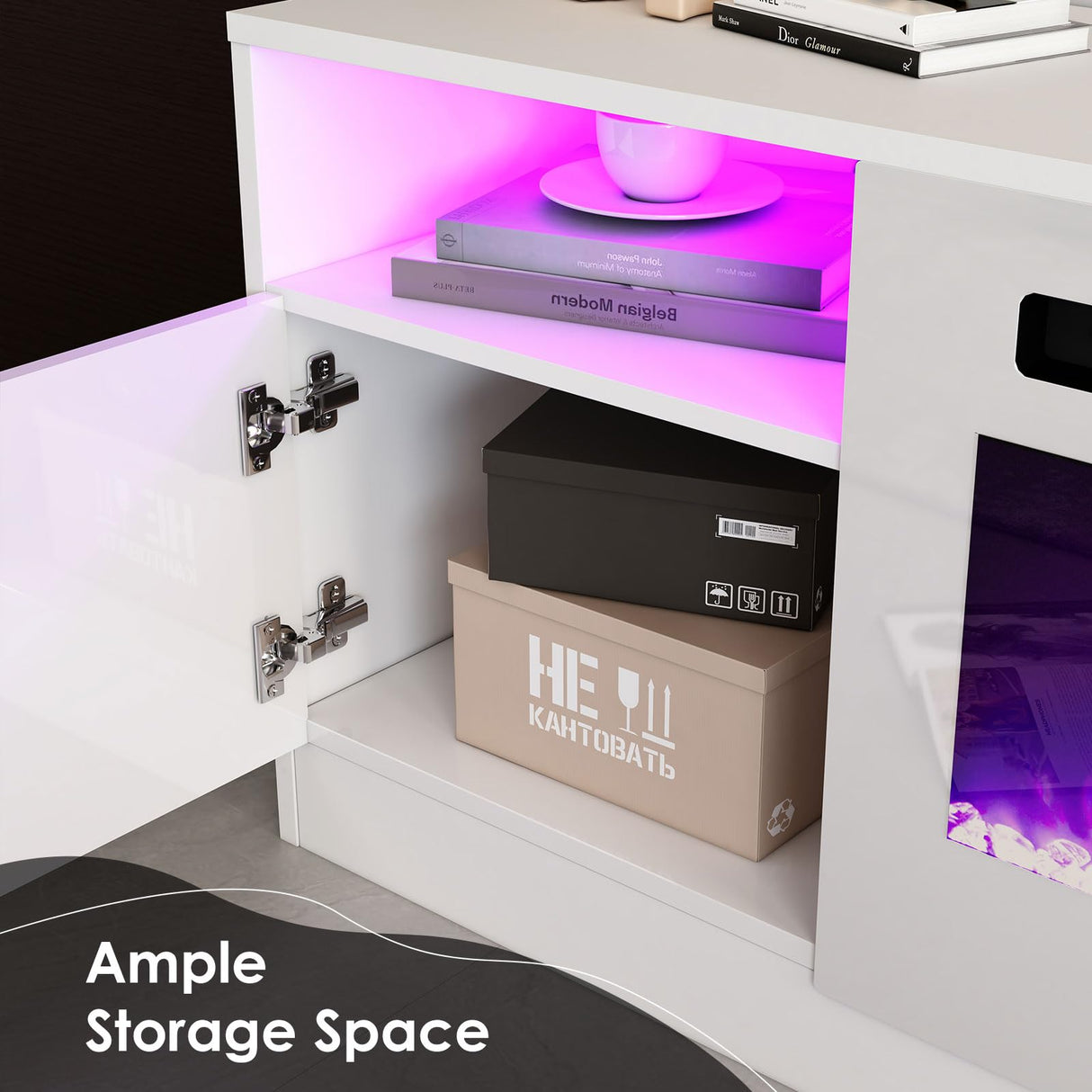 AMERLIFE 80" TV Stand with 40" Electric Fireplace Large Modern Matte Texture Media Entertainment Center with Highlight Storage Cabinet and 12 Colors LED Lights for TVs Up to 90", 80 inches, White AMERLIFE