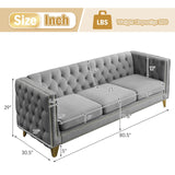 Velvet 3 Seater Sofa Couch, Comfy Couches for Living Room, Modern Sofa with Tufted Back and Rivet Decoration, Upholstered Long Couch with Solid Golden Metal Tapered Legs, Grey KINFFICT