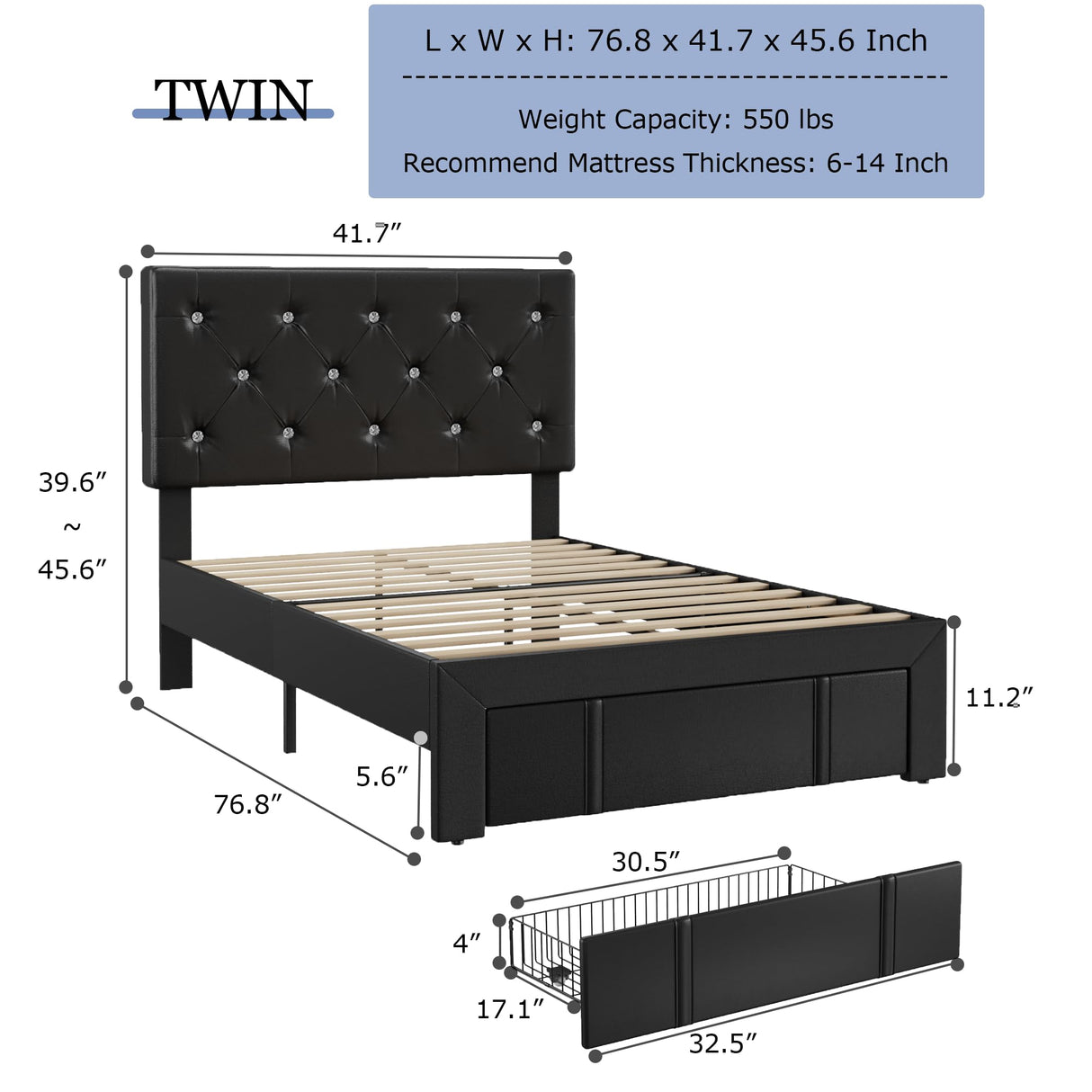 VECELO Twin Size Bed Frame with Storage Drawers, Leather Upholstered Bedframe with Diamond Tufted Headboard, Solid Wood Slat Support, No Box Spring Needed, PU Black VECELO