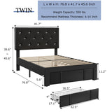 VECELO Twin Size Bed Frame with Storage Drawers, Leather Upholstered Bedframe with Diamond Tufted Headboard, Solid Wood Slat Support, No Box Spring Needed, PU Black VECELO