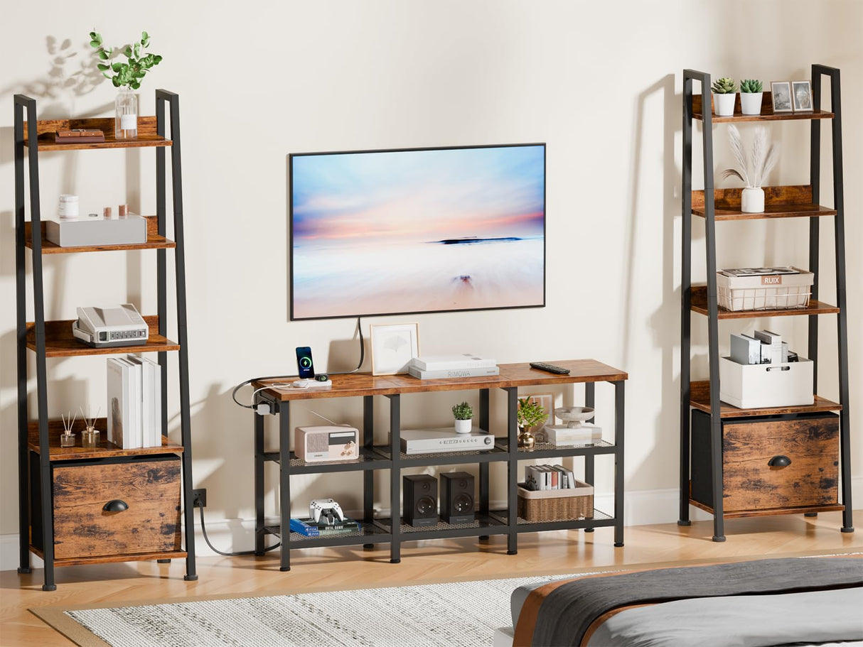 Furologee TV Stand with Power Outlets, Small Entertainment Center with Open Storage Shelves, TV Media Console Center for TVs up to 50 Inch, Television Stands for Living Room/Bedroom, Rustic Brown Furologee