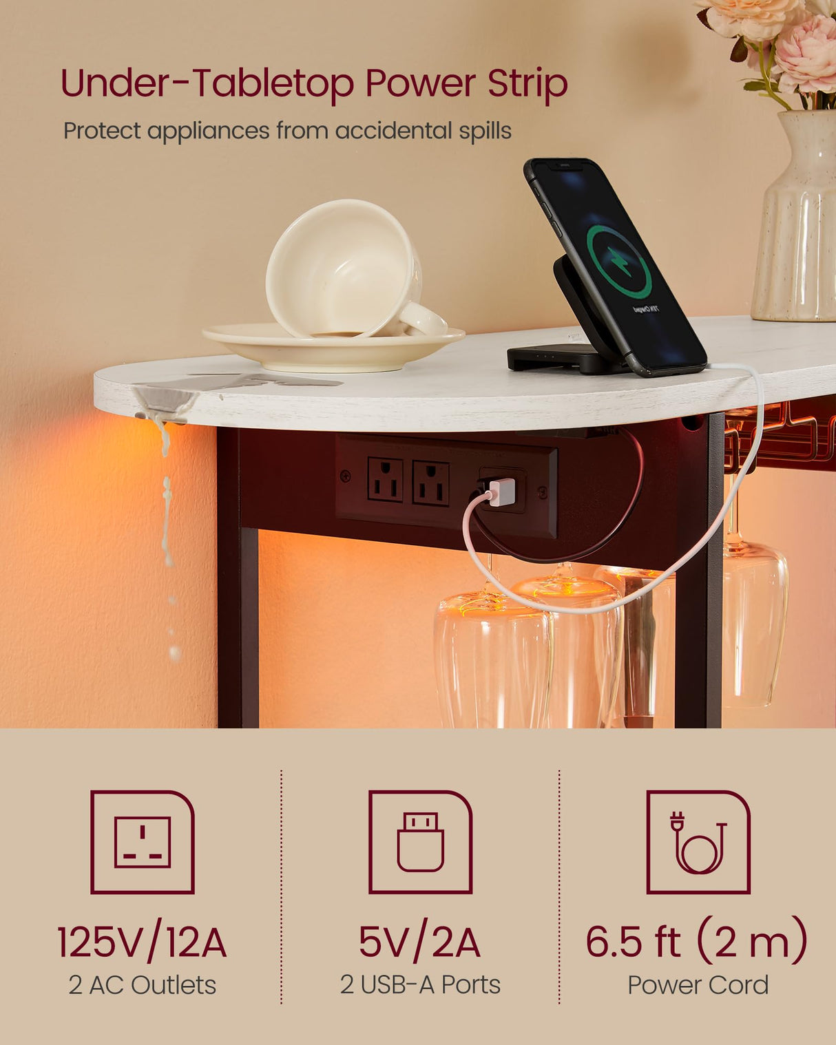 VASAGLE Bar Cabinets for Home, LED Coffee Bar with Power Outlets, Home Mini Bar for Liquor, Freestanding Wine Rack with Glass Holder, Kitchen, Dining Room, Rustic White ULWR007W01 VASAGLE