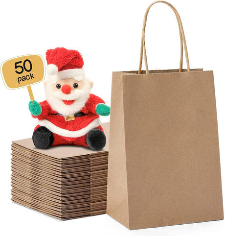 METRONIC Paper Gift Bags 5.25x3.75x8 50Pcs, Christmas Gift Wrap Bags with Handles, Brown Kraft Paper Bag for Small Business, Bulk Party Favors Bag for Birthday, Shopping, Retail, Made in USA METRONIC