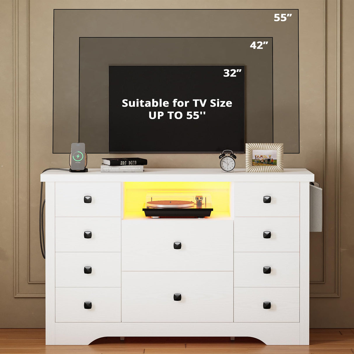 LIKIMIO Dresser with 10 Drawers, Bedroom Wooden Chest of Drawers with LED Lights and Power Outlets, Fabric Side Pocket, TV Stand for Living Room, White LIKIMIO