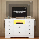 LIKIMIO Dresser with 10 Drawers, Bedroom Wooden Chest of Drawers with LED Lights and Power Outlets, Fabric Side Pocket, TV Stand for Living Room, White LIKIMIO