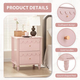 Pink Nightstand Set of 2 with 2 Drawers, Modern Night Stand Set 2 with Petal Pattern for Bedroom, Side End Table Scalloped Bedside Night Tables with Solid Wood Legs Anbuy