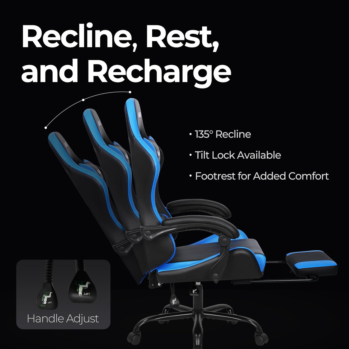 N-GEN Video Gaming Chair with Footrest High Back Ergonomic Comfortable Office Computer Desk with Lumbar Support Height Adjustable with PU Leather Recliner for Adults Women Men (Blue) NEO CHAIR
