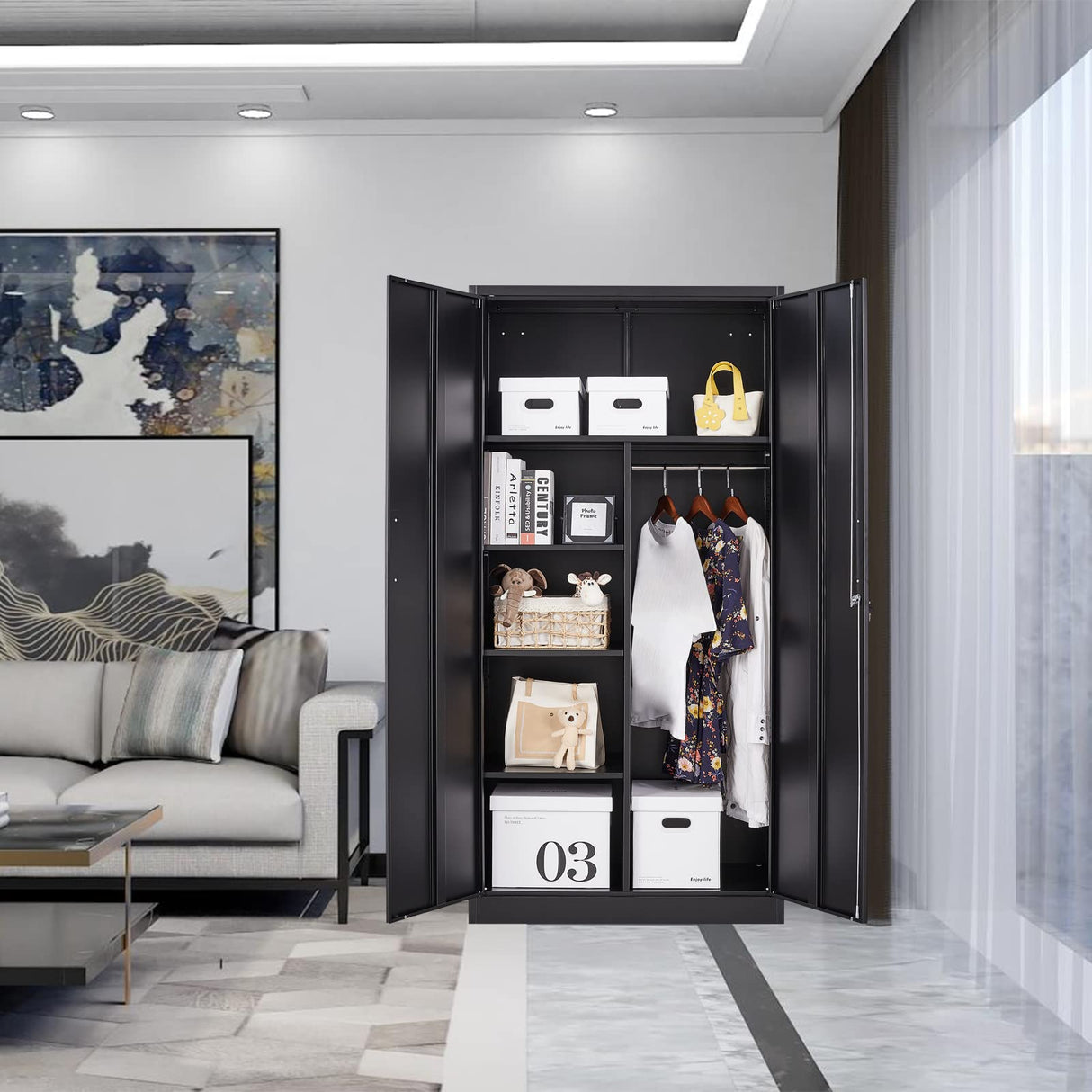 STANI Metal Storage Cabinet, 72" Locking Metal Storage Cabinet with Shelves and Hanging Rod, Metal Cabinet with 2 Doors and Lock for Home, Garage, Office (Black) STANI