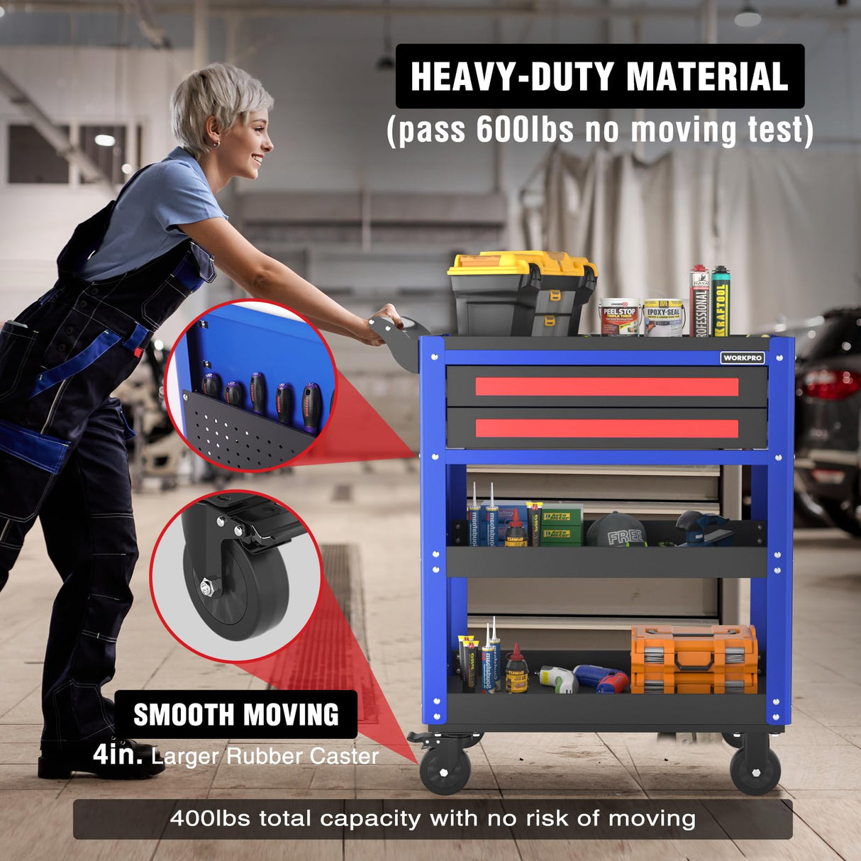 WORKPRO Premium 28" 2-Drawer Rolling Tool Cart, Heavy Duty Utility Industrial Service Cart Storage Organizer with Wheels and Locking System, for Mechanic, Warehouse, Garage, Workshop, 400 lbs Load WORKPRO