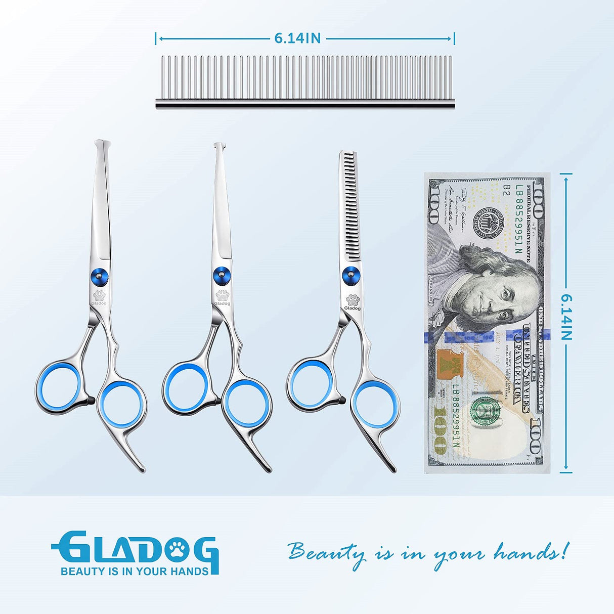 GLADOG Professional 5 in 1 Dog Grooming Scissors Set with Safety Round Tips, Sharp and Heavy-duty Pet Grooming Shears for Cats GLADOG