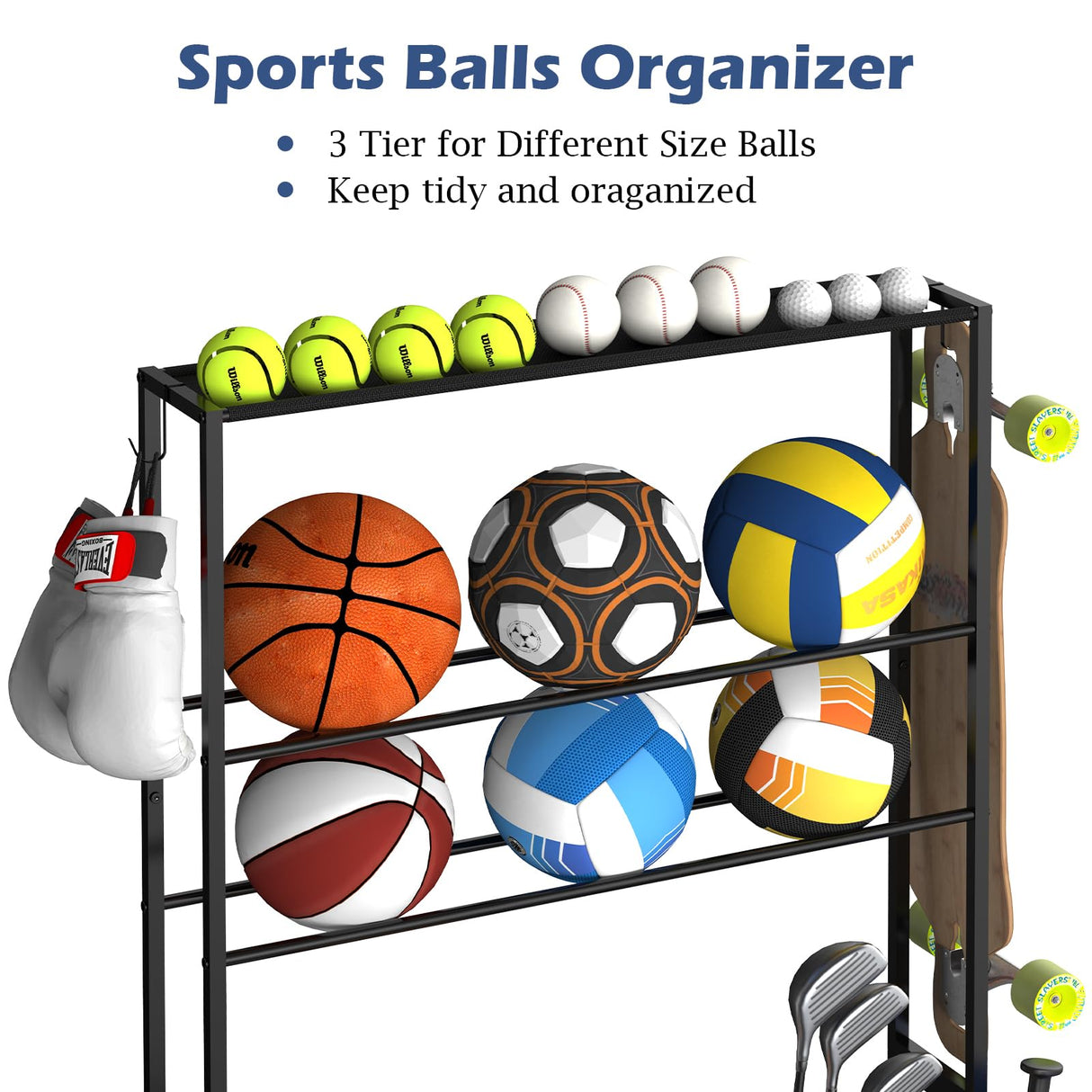 Sports Equipment Organizer Garage Basketball Ball Holder for Sports Gear and Toys Garage Ball Storage Rack Cart with Wheels and Hooks for Volleyball Football Basketball, Indoor/Outdoor, Black smusei