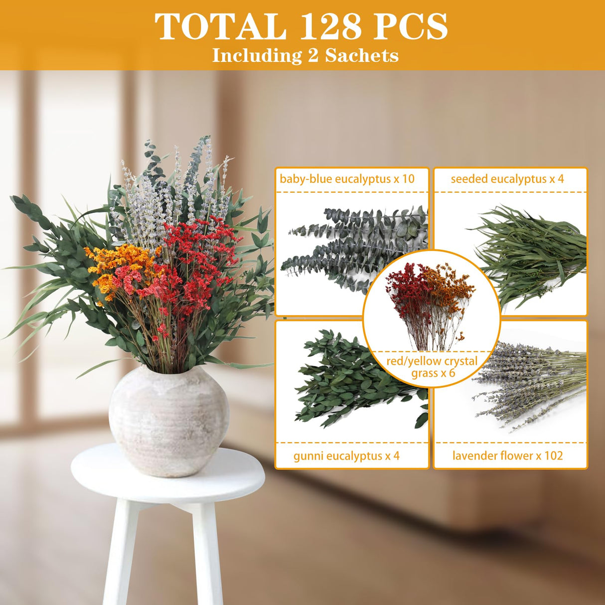 128 Pcs Mixed Real Dried Eucalyptus Stems, 100% Natural Preserved Eucalyptus Leaves with Lavender & Rose flower Sachet Bundles, Greenery for Hanging Shower, Plant Fragrance, Wedding Decor Pasuvsigt