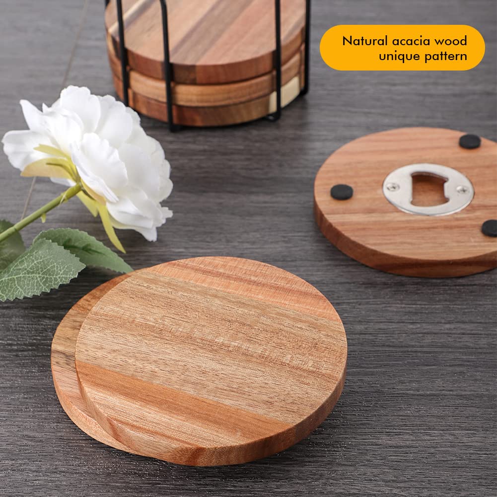 Wood Coasters for Drinks with Bottle Opener Holder Set of 6, Acacia Wooden Coasters for Coffee Table Dining Table Desk with Non-Slip Pad Cup Coasters for Home Office Christmas Decor 4 Inch - WoodArtSupply