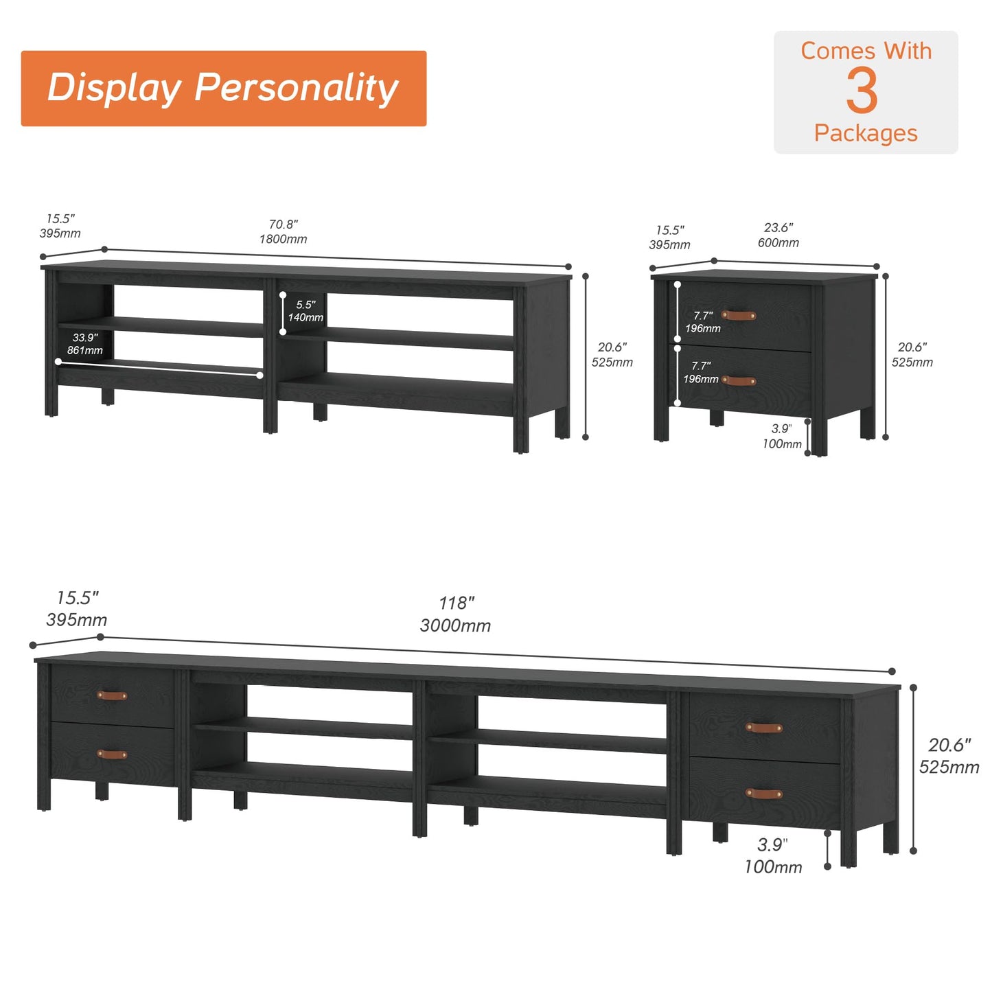 WAMPAT Farmhouse TV Stand for 100 Inch TV, Wood Entertainment Center for 95 90 85 inch TV Console Table with 4 Cubby Storage & 4 Drawers for Living Room Bedroom,Black