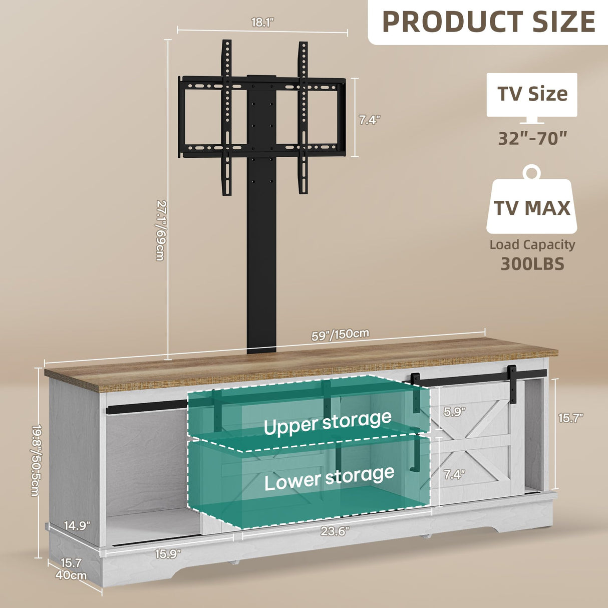 YITAHOME Farmhouse TV Stand with Mount, Television Stand Mount with 3 Height Adjustment for 32-70 inch TVs, Entertainment Center Media Console w/Sliding Barn Door for Living Room, Grey White/Grey Wash YITAHOME