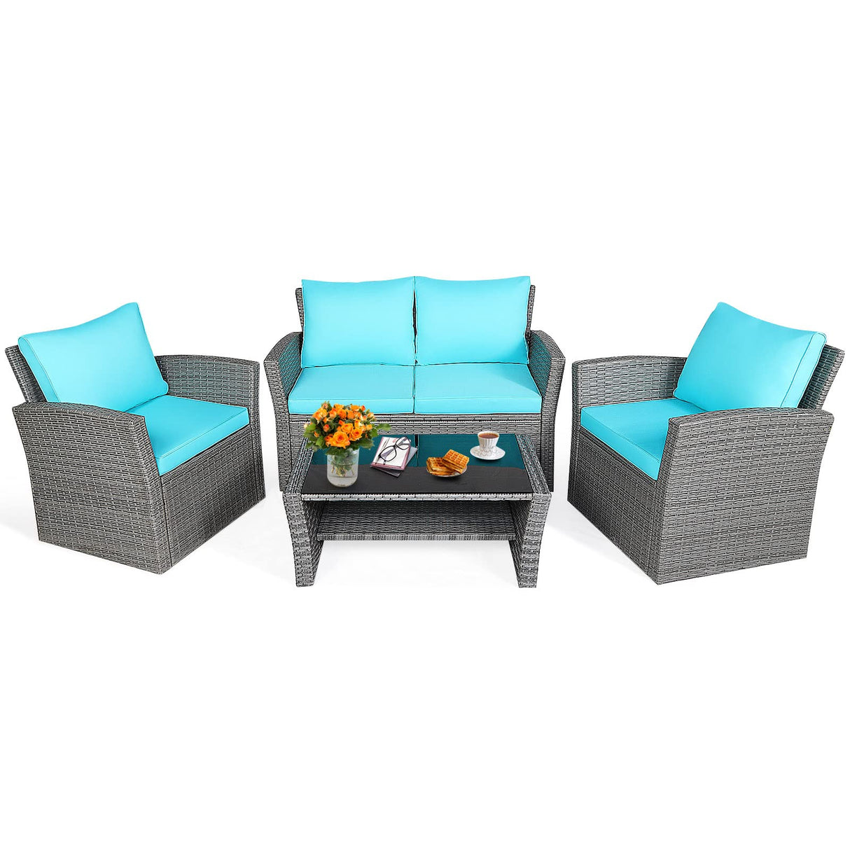 Tangkula 4 Pieces Patio Furniture Set, All Weather Outdoor Sectional Rattan Sofa Set with Cushions & Tempered Glass Table, Wicker Conversation Couch Set for Backyard Garden Poolside (Turquoise) Tangkula