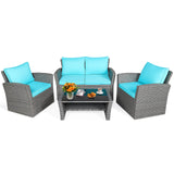 Tangkula 4 Pieces Patio Furniture Set, All Weather Outdoor Sectional Rattan Sofa Set with Cushions & Tempered Glass Table, Wicker Conversation Couch Set for Backyard Garden Poolside (Turquoise) Tangkula