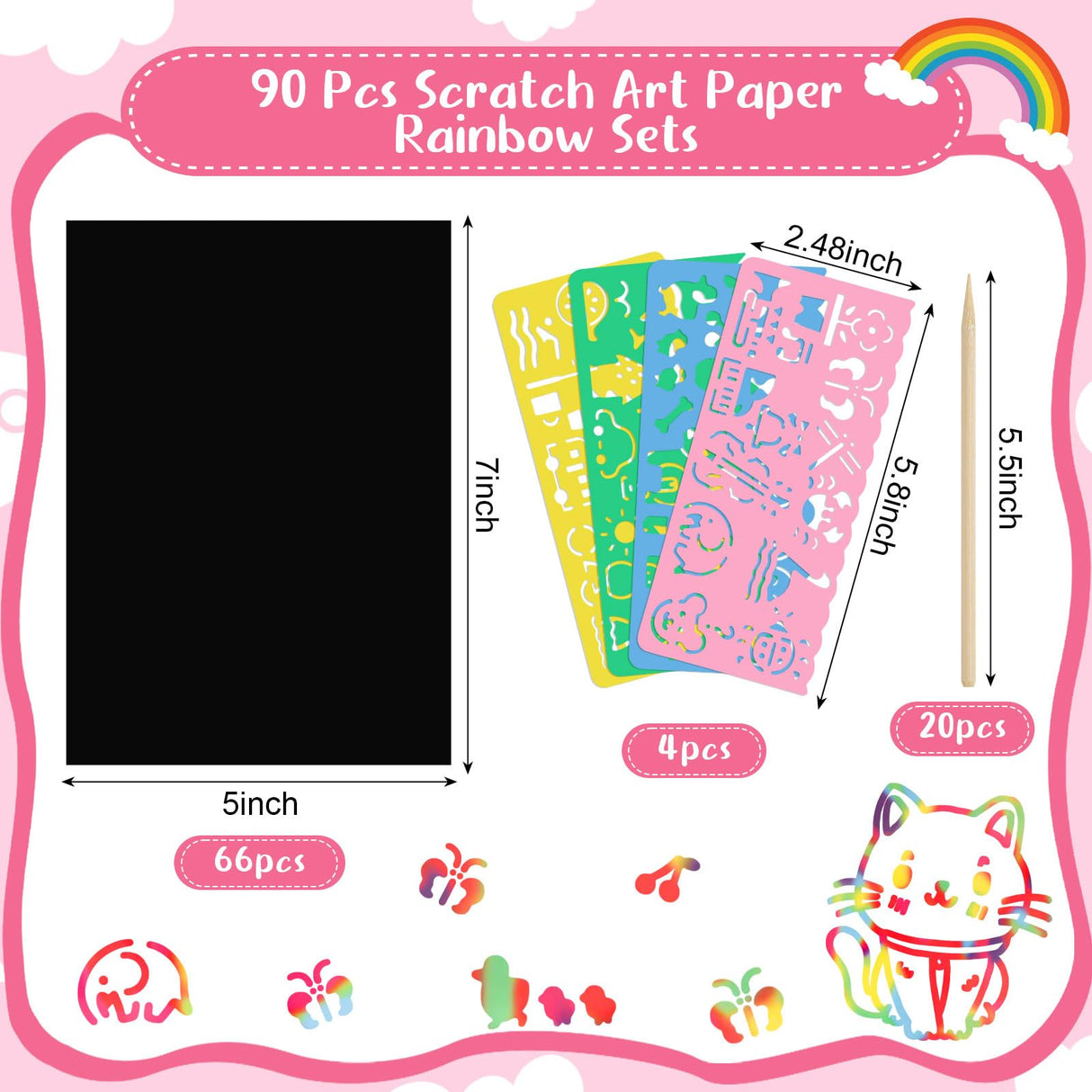 90 Pcs Scratch Art Paper Rainbow Sets, Scratch Paper Rainbow Black Scratch Off Paper Art Gifts for Kids Art Craft Supplies Kits Prudiut