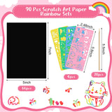 90 Pcs Scratch Art Paper Rainbow Sets, Scratch Paper Rainbow Black Scratch Off Paper Art Gifts for Kids Art Craft Supplies Kits Prudiut