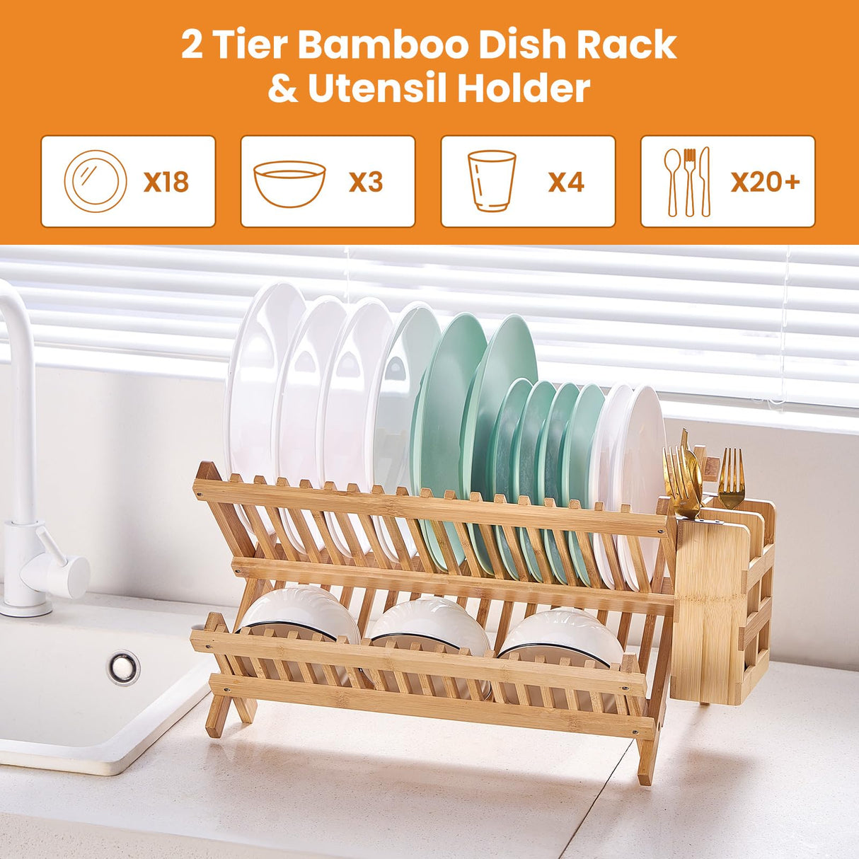 Worthyeah Bamboo Dish Drying Rack, 2 Tier Collapsible Dish Rack with Utensil Holder, Wooden Dish Drying Rack for Kitchen Counter, Large Folding Drying Holder, Dish Drainer Worthyeah