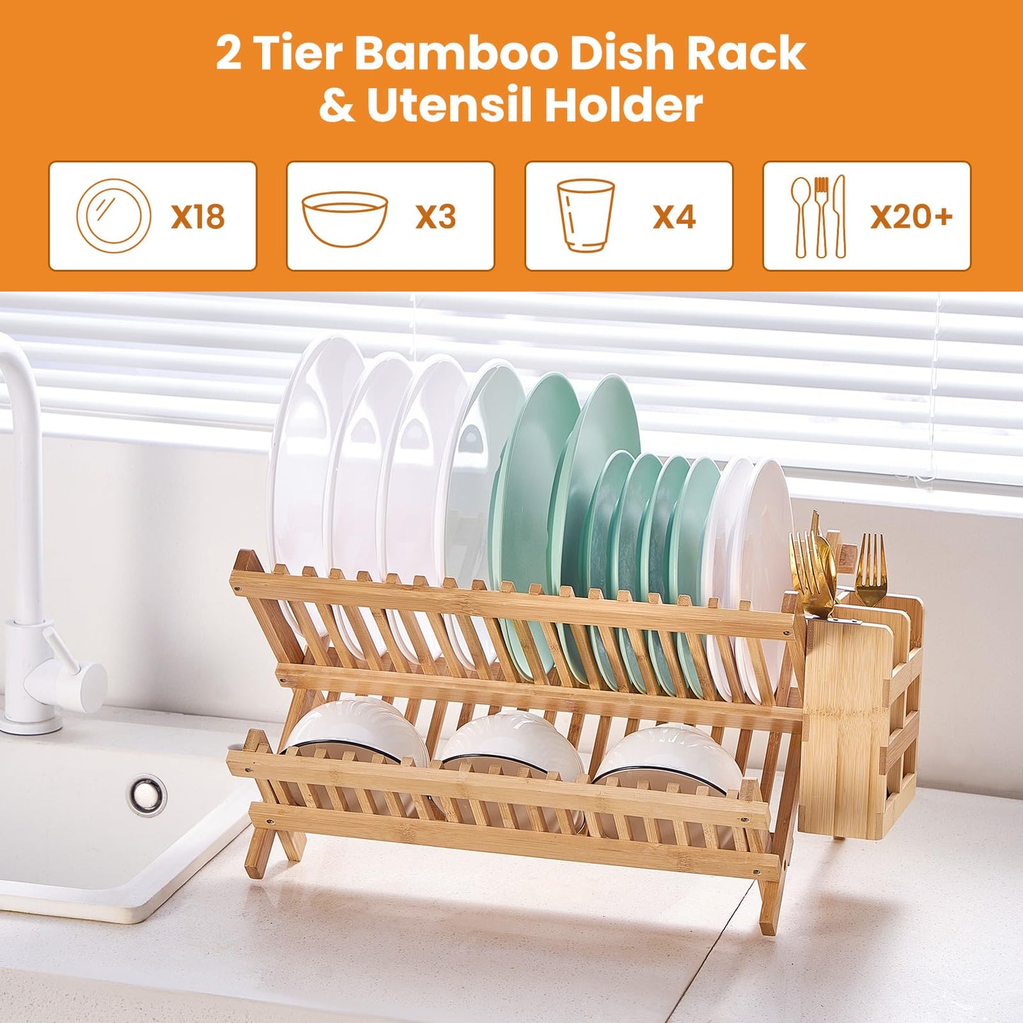 Worthyeah Bamboo Dish Drying Rack, 2 Tier Collapsible Dish Rack with Utensil Holder, Wooden Dish Drying Rack for Kitchen Counter, Large Folding Drying Holder, Dish Drainer