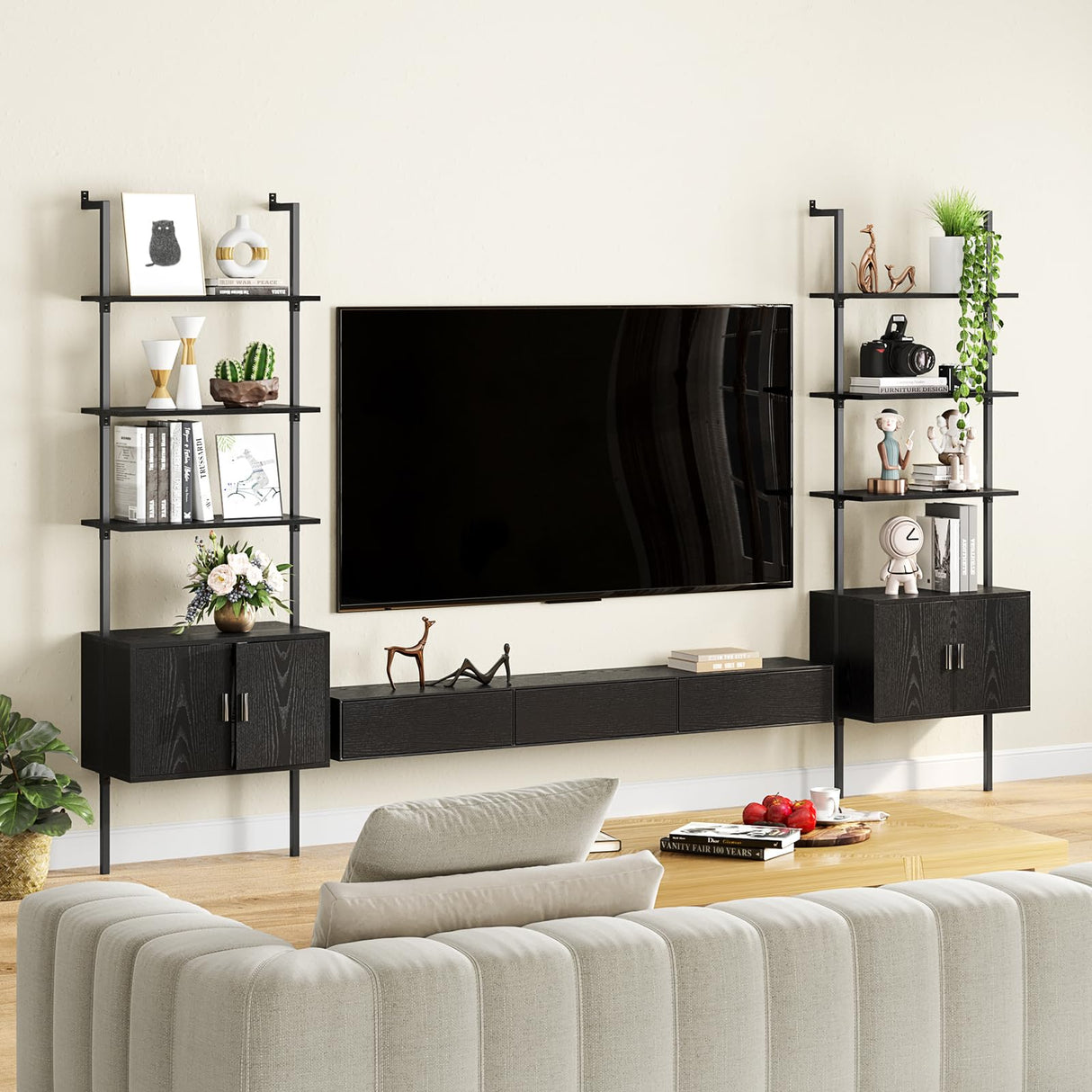 Gadroad 73" Tall Bookshelf with Cabinet, Wall Mounted Industrial Ladder Bookcase with Wood and Metal Frame, 5 Tier Plant Shelf Display Storage Shelves for Living Room Bedroom, Black Gadroad