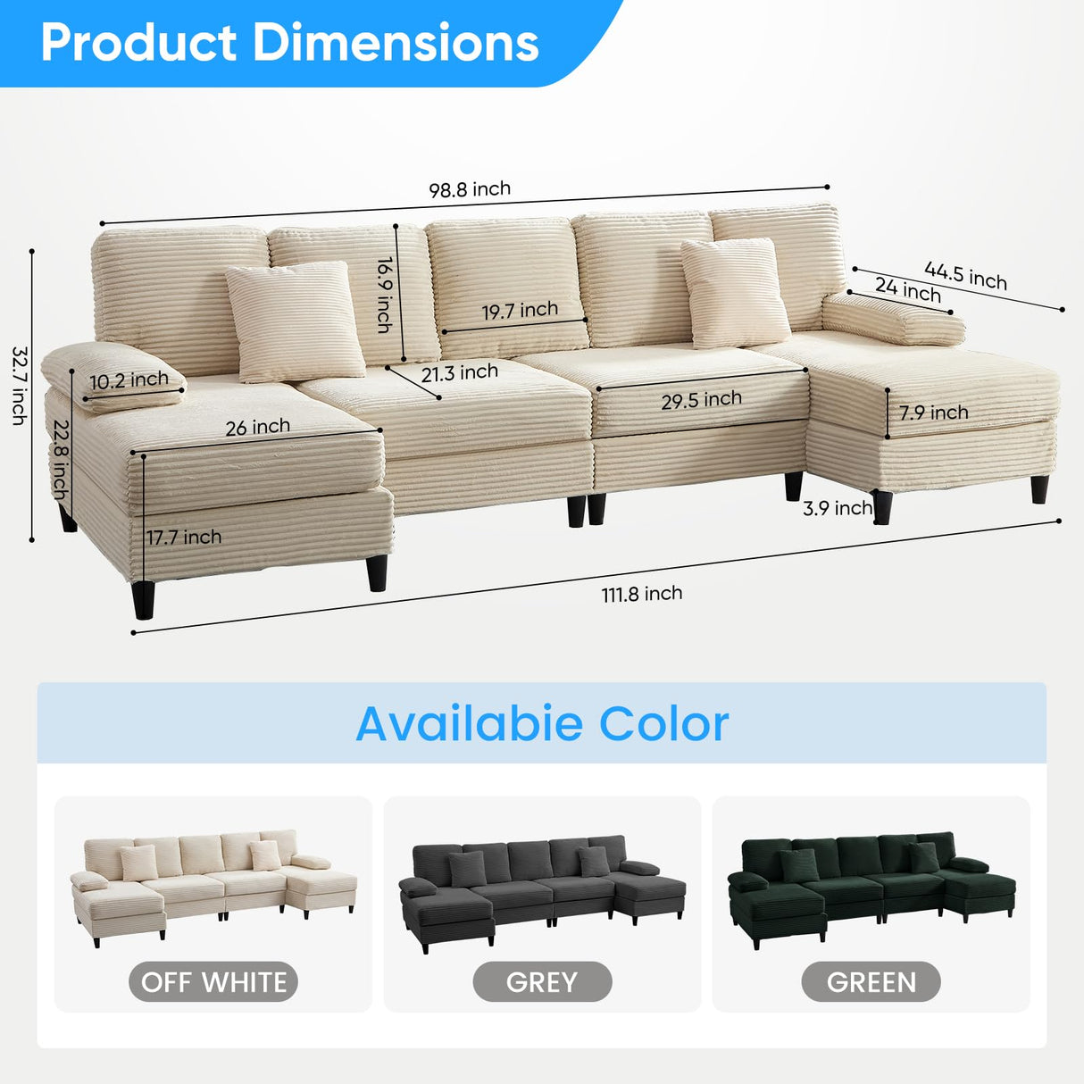Mjkone 4 Seater Sectional Sofa Couches for Living Room Sets Furniture, 112" Width U-Shaped Corduroy Living Sofa Set with Double Chaises, Sleeper Couch Set with Pillows for Home, Loft, Apartment, Beige Mjkone