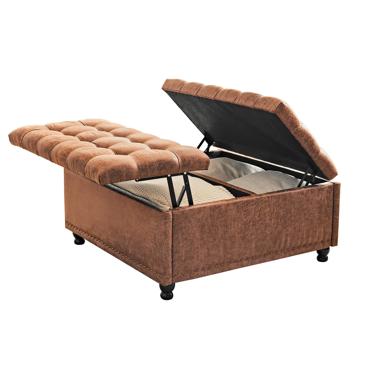 Redlife 35 Inch Large Square Storage Ottoman Bench, Storage Ottoman Coffee Table Large Square Ottoman with Storage Lift Top Tufted Storage Ottoman for Living Room (Brown Leathaire) Redlifeᅟᅠ