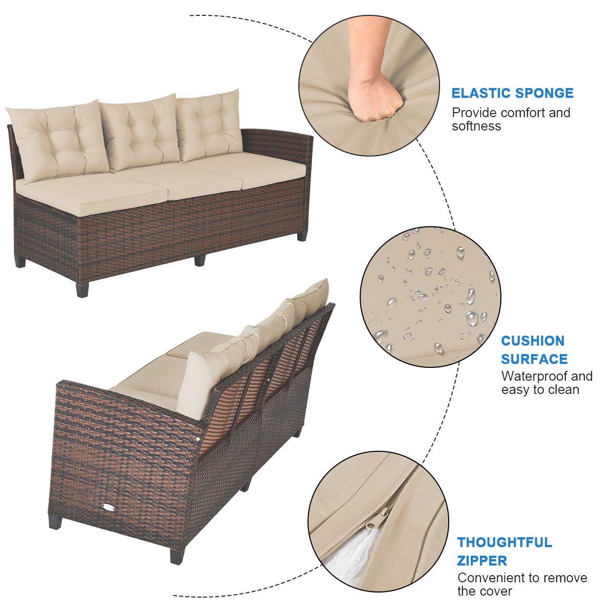 Tangkula Patio Furniture Set, 3 Pieces Outdoor Conversation Set with 6 Cushioned Seat & Coffee Table, Rattan Couch Set for Balcony, Garden, Lawn, Poolside and Backyard (Brown) Tangkula