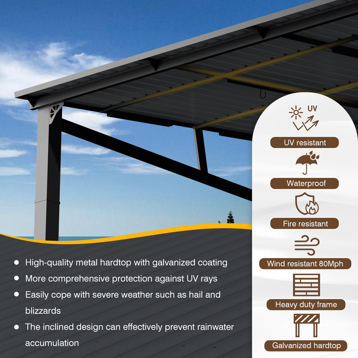 EBE 12' x 12' Hardtop Gazebo, Heavy Duty Lean to Metal Gazebos Outdoor Pergola, Wall Mounted Gazebo with Galvanized Steel, Patio Roof Awning for Patio, Deck, Backyard EBE