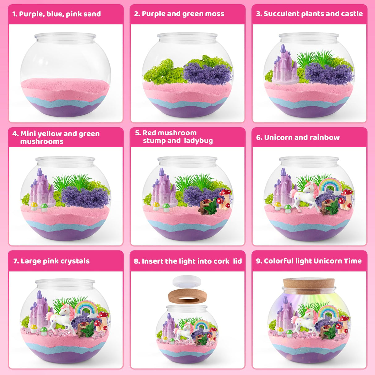 JOYEEMAX Unicorn Light-Up Terrarium Kit for Kids - LED Night Light Birthday Gift for Girls Ages 4 5 6 7 8-12 Year Old - Unicorn Toys for Girls - DIY Arts and Crafts Kit for Kids - Best Girls Presents JOYEEMAX