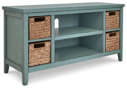 Signature Design by Ashley Mirimyn Casual TV Stand for TVs up to 54" with 4 Baskets and 3 Adjustable Shelves, Green & Light Brown - WoodArtSupply