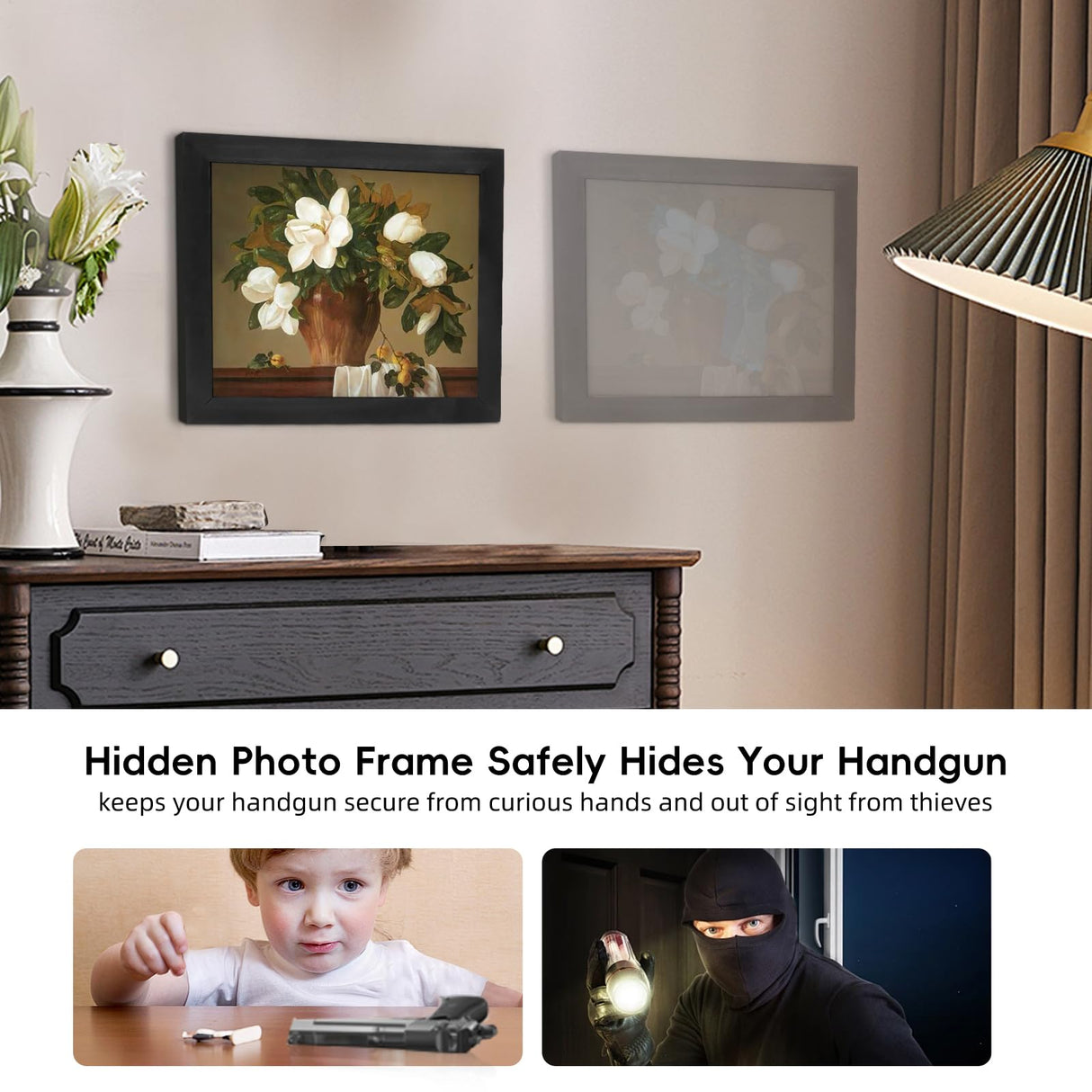 Dononr Hidden Gun Storage, Hidden Gun Safe for Pistols with Magnetic, Wooden Picture Frames for Handgun, Hidden Storage Gun Safe Home Furniture, Concealment Furniture Picture Frame Box, Black Dononr