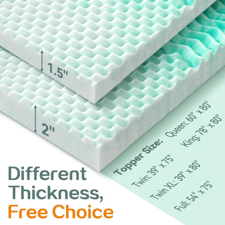 SINWEEK Mattress Topper Memory Foam Mattress Topper 1.5 Inch Queen Soft Mattress Pad for Pressure Relief, 5-Zone Design, CertiPUR-US Certified, Green SINWEEK