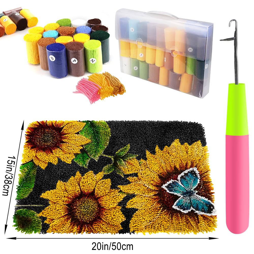 MGahyi Latch Hook Rug Kits for Adults, DIY Crochet Yarn Rugs Hooking Craft Kit with Color Preprinted Pattern Design for Kids Adults and Beginners(Sunflower, 20 x 15in) MGahyi