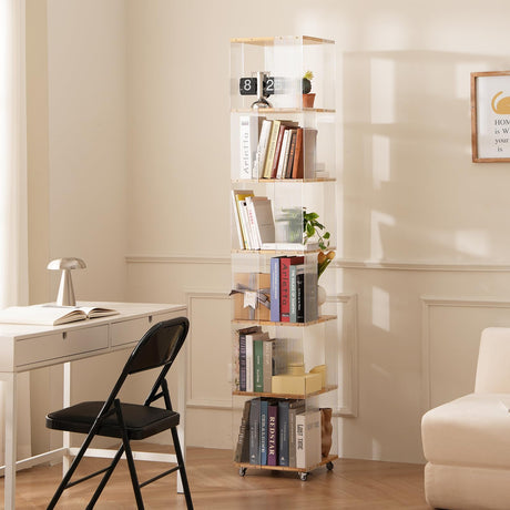 ZHUMUJIAJU 6-Tier Rotating Bookshelf- 360° Spinning Bookshelf Tower Kids, Tall Narrow Bookshelves with Wheels, Acrylic Clear Bookcase, Modern Storage Organizer for Home Office, Living Room, Bedroom ZHUMUJIAJU