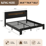 SAMTRA Wooden King Size Bed Frame with Storage Headboard, Farmhouse Platform Bedframe with Charging Station & Led Lights, Sturdy Wood Slat Framework, Easy Assembly (Rustic Black, King) SAMTRA