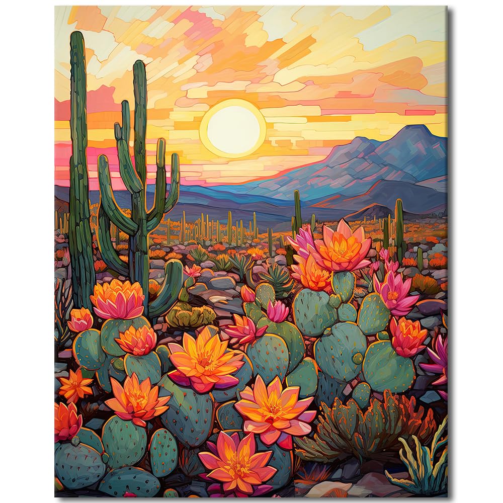 TUMOVO Adult Paint by Numbers Kits Desert Cactus Canvas Oil Painting Sunset in The Desert DIY Paint by Number for Adults Paint by Number Kits Drawing Paintwork - 16"x20", Frameless(Cactus Flower) TUMOVO