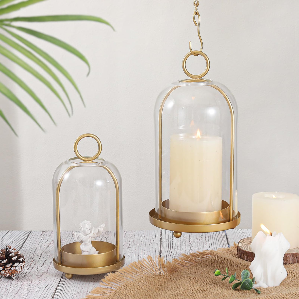 Versatile Metal Candle Holder Set with Handmade Glass Dome,Antique Brass Pillar Candle Stand, 5.2" & 4.1" Wide for Tabletop or Hanging, Industrial & Farmhouse Decor SHOHAYTO