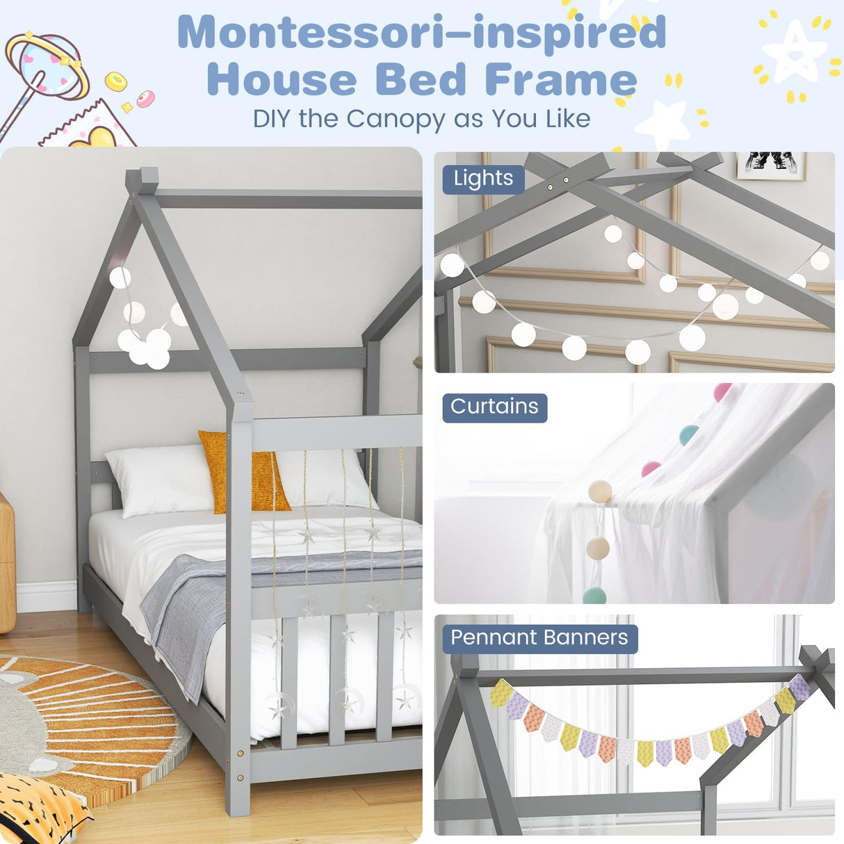 KOMFOTT Grey Twin House Bed Frame for Kids - Low Profile Montessori Tent Bed with Roof & Safety Design KOMFOTT
