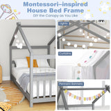 KOMFOTT Grey Twin House Bed Frame for Kids - Low Profile Montessori Tent Bed with Roof & Safety Design KOMFOTT