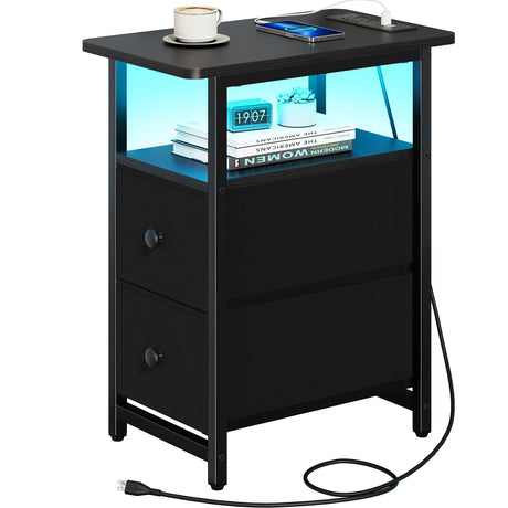 Yoobure End Table with Charging Station, Narrow Side Table LED Small Night Stand, Skinny Nightstand with Fabric Drawers, Bedside Table End Tables Living Room, Side Tables Bedroom for Small Spaces Yoobure