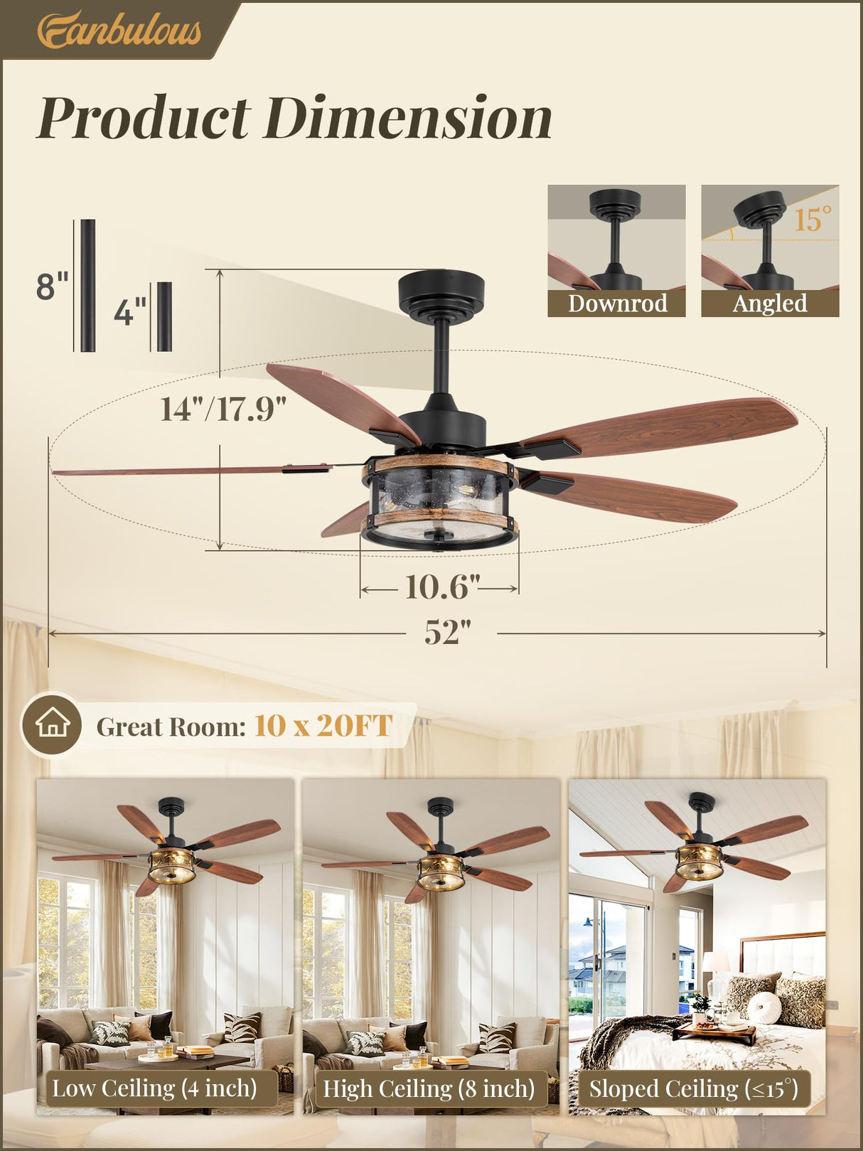 Farmhouse Ceiling Fan with Light and Remote, 52" Black Rustic Flush Mount Ceiling Fans for Bedroom Living Room, Industrial Caged Ceiling Fan for 6 Speed Reversible Motor, 5 Dual Blades Fanbulous