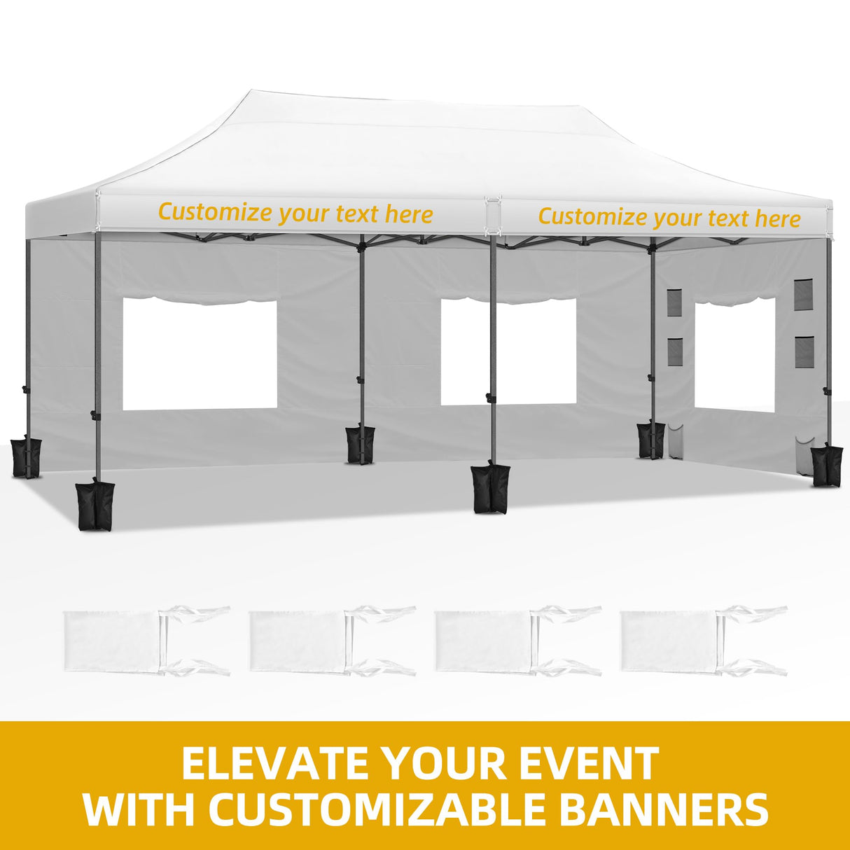 DWVO 10x20 Pop Up Heavy Duty Canopy Tent with 6 sidewalls, Roller Bag, 4 Ropes & 12 Stakes, 4 DIY Banners & 6 Sandbags for Patio, Party, Exhibition, Commerce (White) DWVO